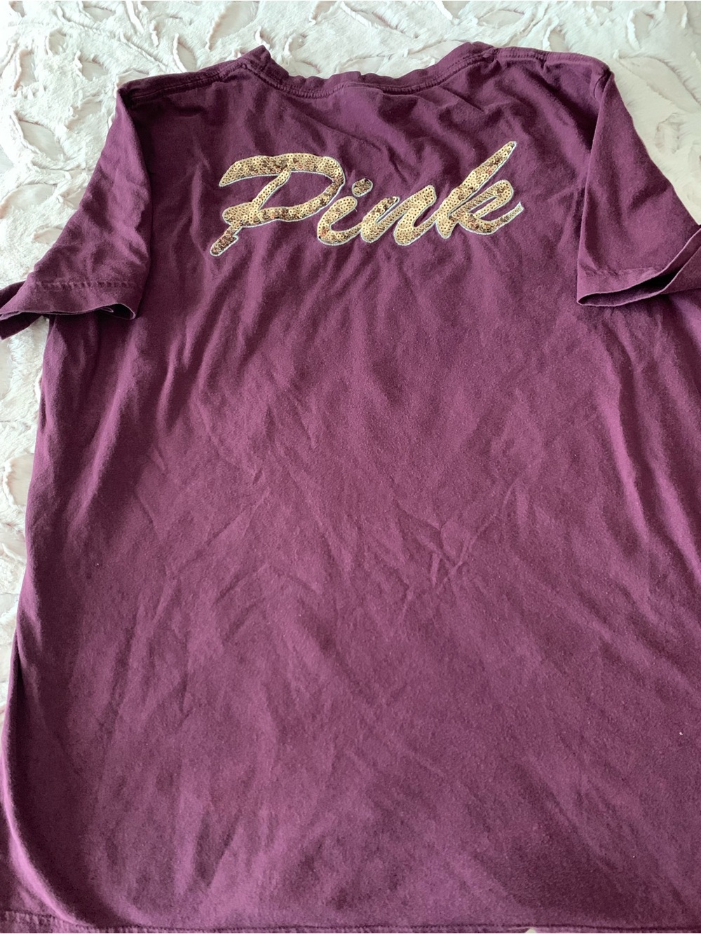 PINK Victoria's Secret Short Sleeve Tee in Deep Plum with Leopard Script